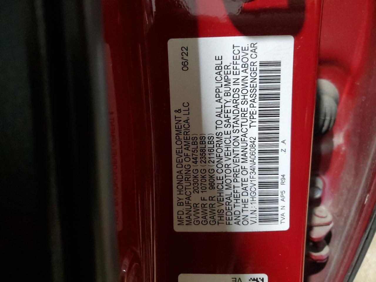 2022 HONDA ACCORD SPORT VIN:1HGCV1F34NA060842