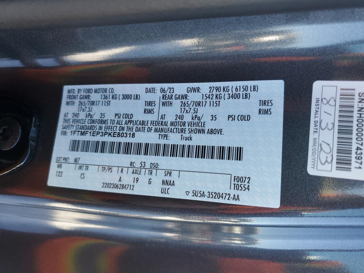 2023 FORD F150 VIN:1FTMF1EP3PKE80318