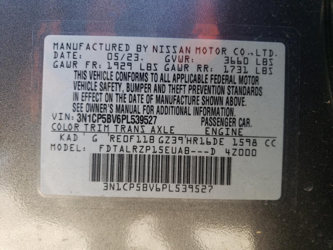 2023 NISSAN KICKS S VIN:3N1CP5BV6PL539527