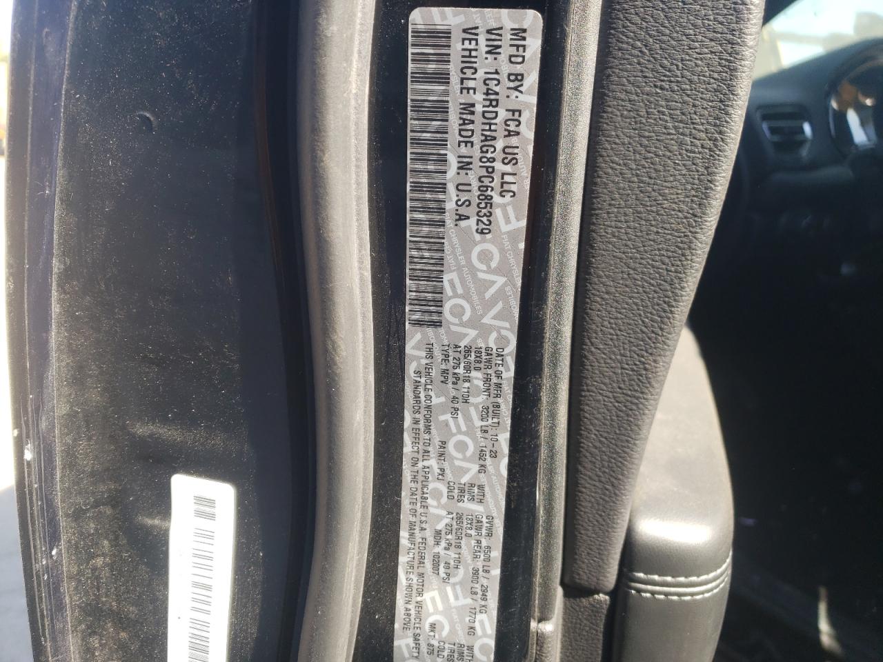 2023 DODGE DURANGO SXT VIN:1C4RDHAG8PC685329