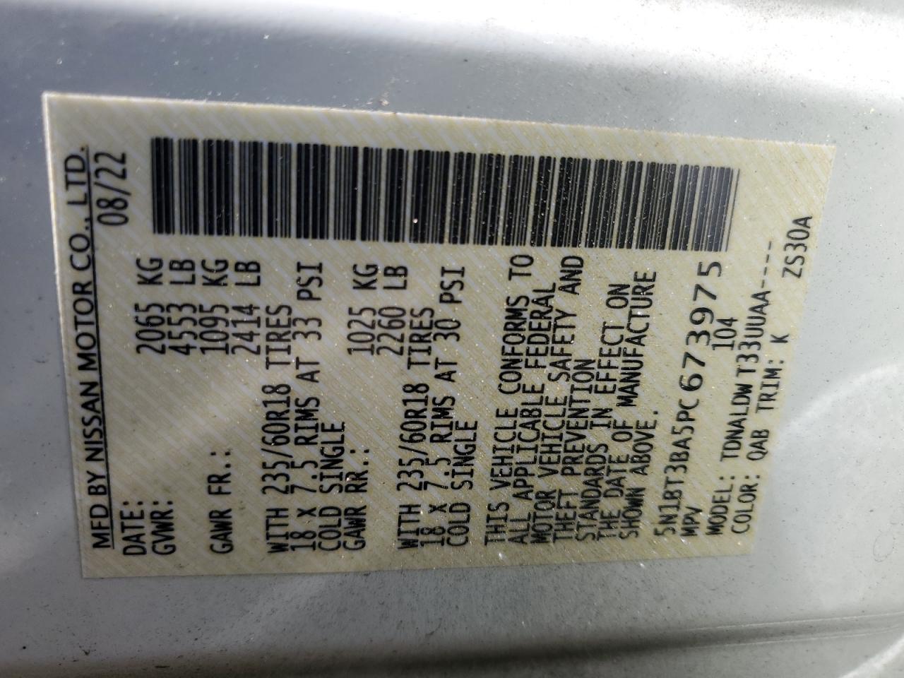 2023 NISSAN ROGUE SV VIN:5N1BT3BA5PC673975