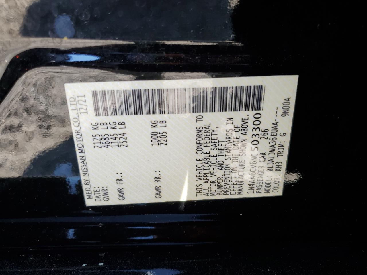 2022 NISSAN MAXIMA SV VIN:1N4AA6CV6NC503300