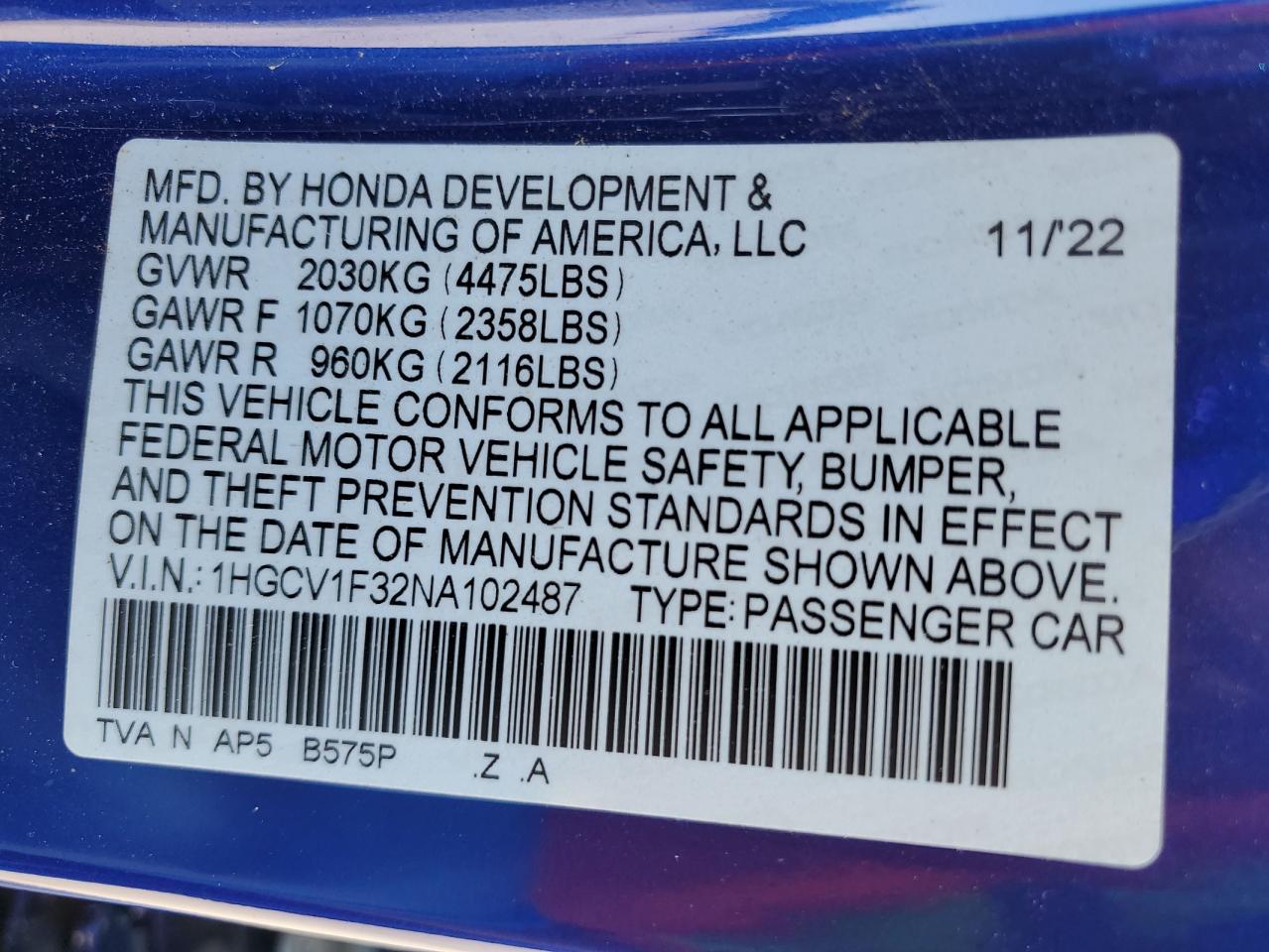 2022 HONDA ACCORD SPORT VIN:1HGCV1F32NA102487
