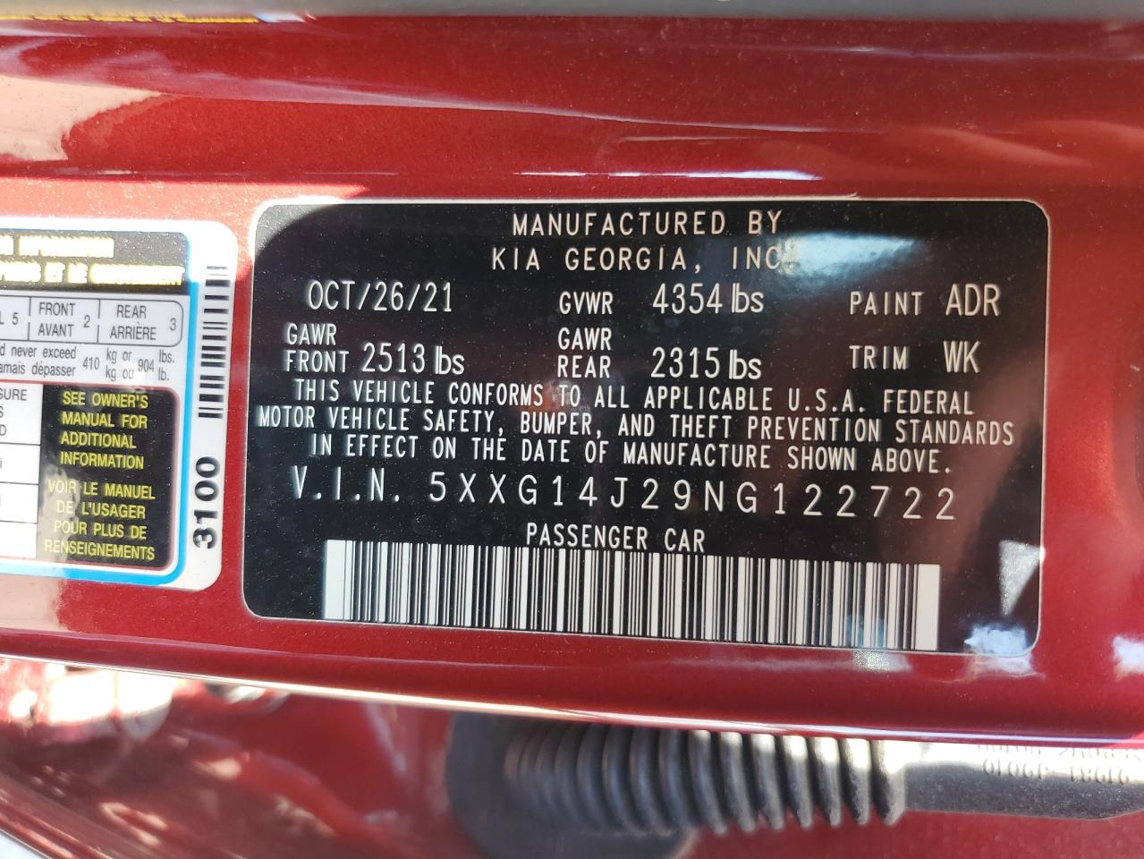 2022 KIA K5 LXS VIN:5XXG14J29NG122722