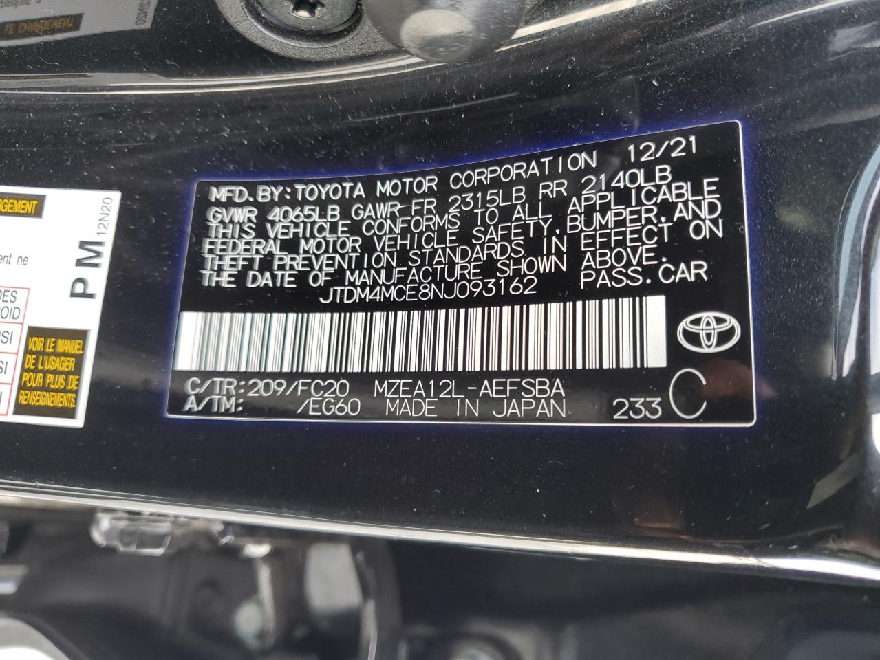 2022 TOYOTA COROLLA SE VIN:JTDM4MCE8NJ093162
