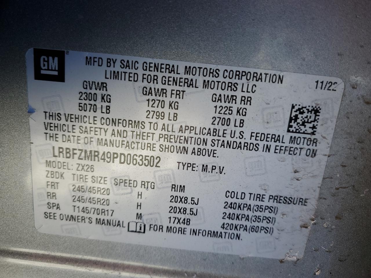 2023 BUICK ENVISION PREFERRED VIN:LRBFZMR49PD063502