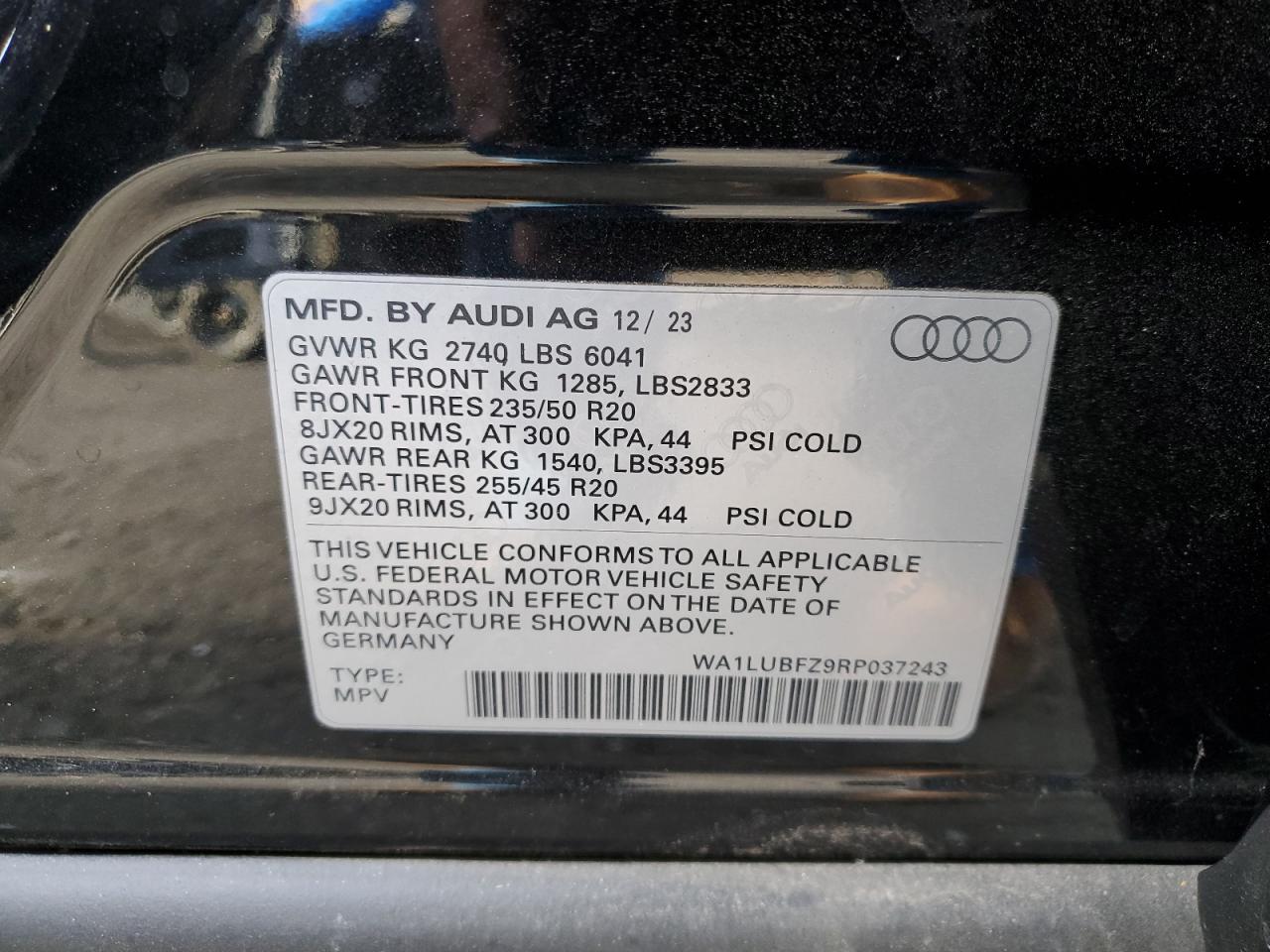 2024 AUDI Q4 E-TRON PREMIUM PLUS VIN:WA1LUBFZ9RP037243