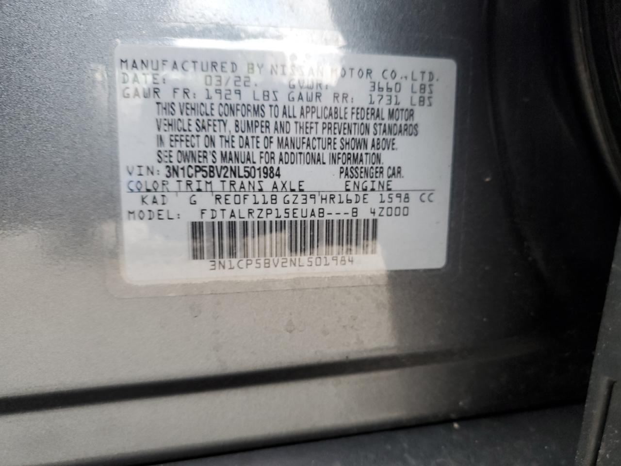 2022 NISSAN KICKS S VIN:3N1CP5BV2NL501984