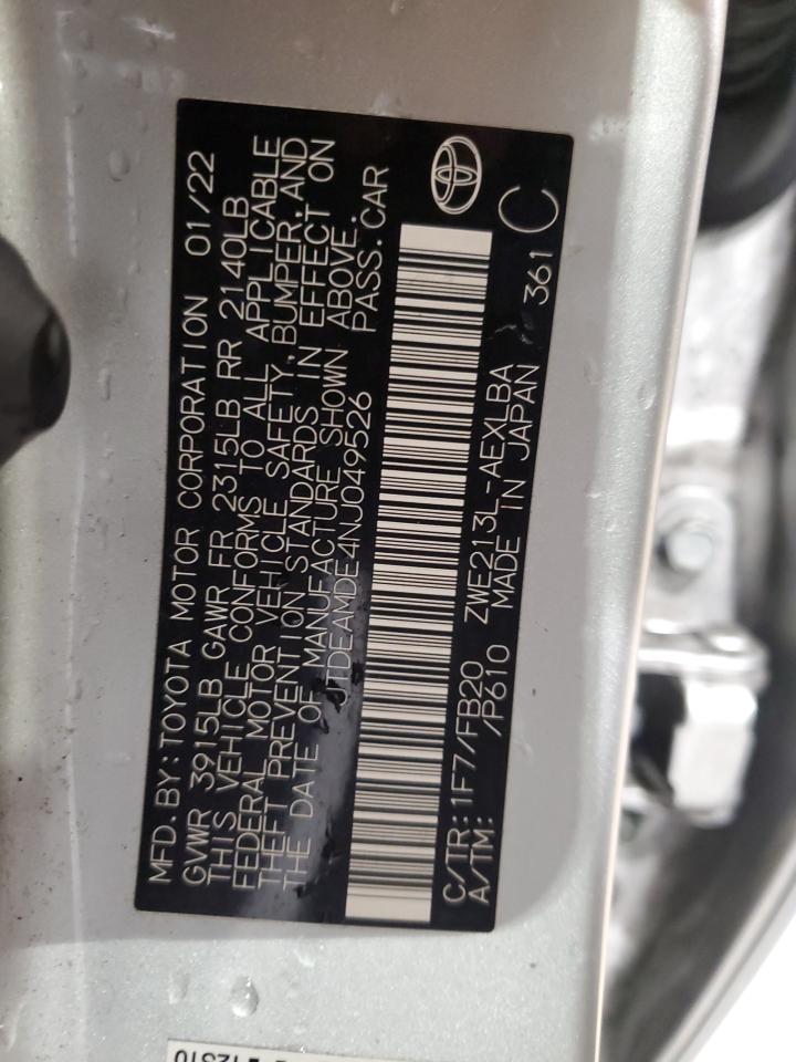 2022 TOYOTA COROLLA LE VIN:JTDEAMDE4NJ049526