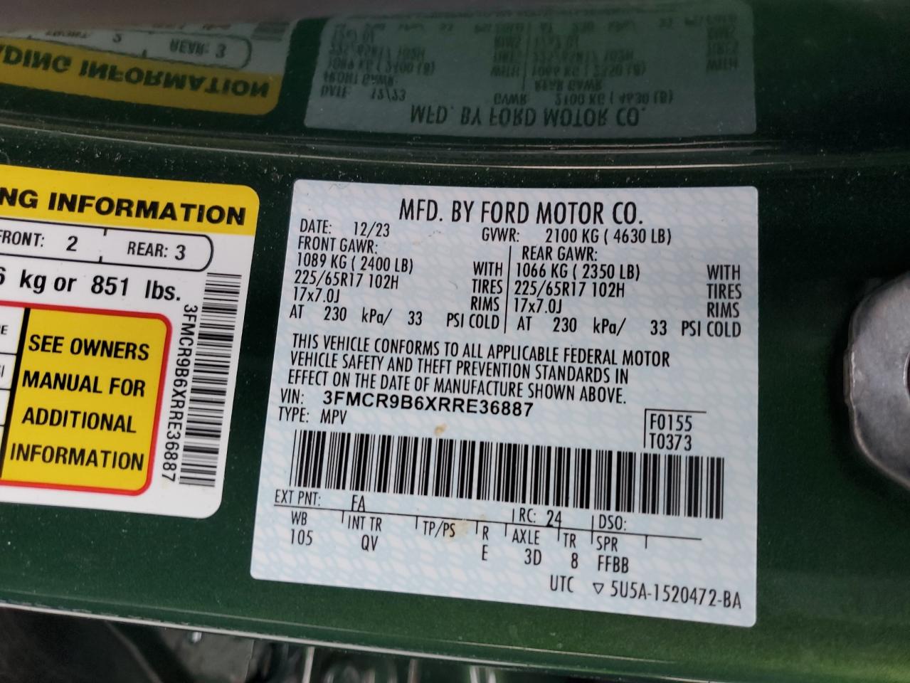 2024 FORD BRONCO SPORT BIG BEND VIN:3FMCR9B6XRRE36887