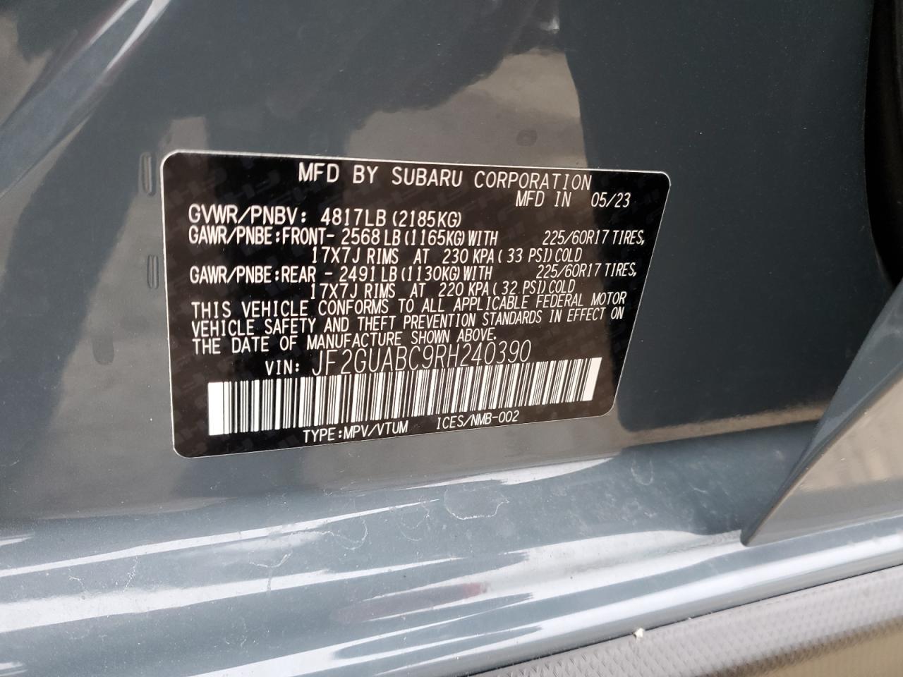 2024 SUBARU CROSSTREK VIN:JF2GUABC9RH240390