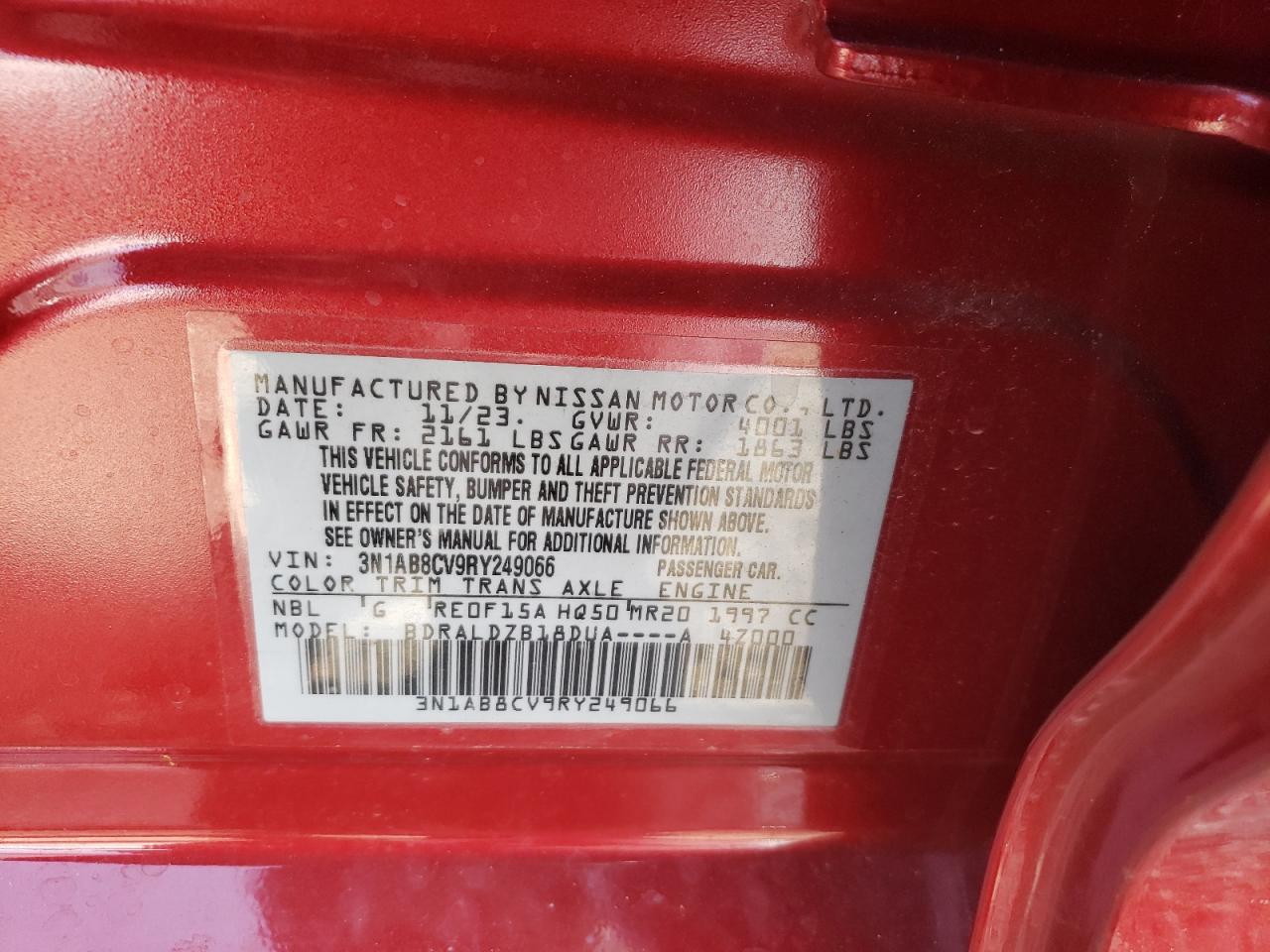 2024 NISSAN SENTRA SV VIN:3N1AB8CV9RY249066