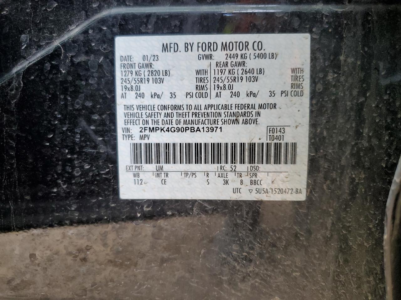 2023 FORD EDGE SE VIN:2FMPK4G90PBA13971