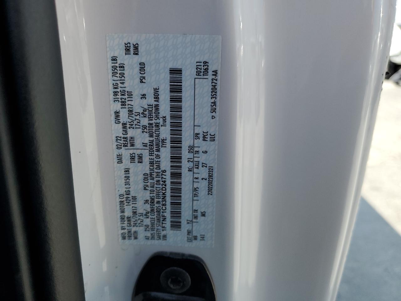 2022 FORD F150 VIN:WP0AA2A8XNS255297