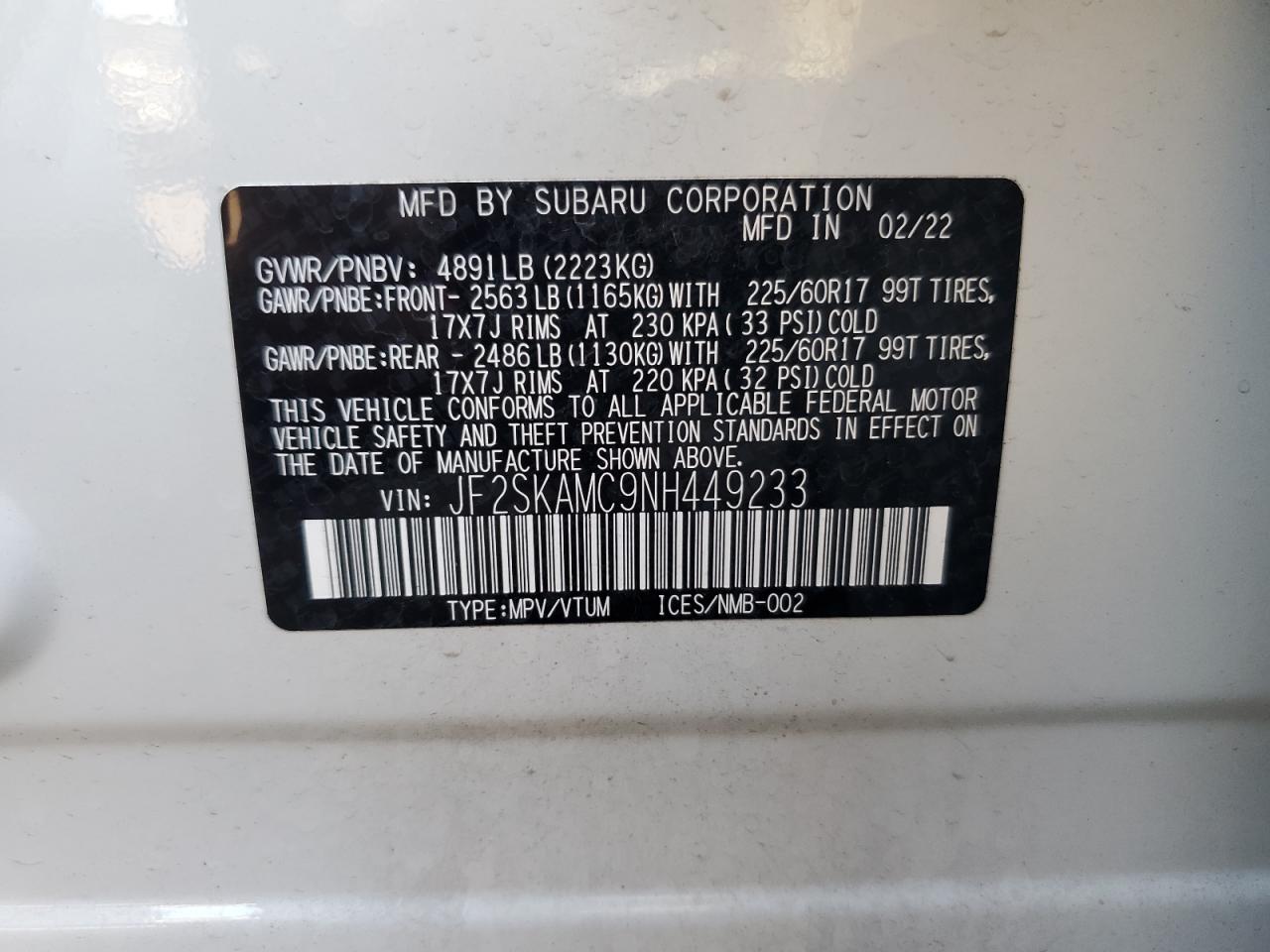 2022 SUBARU FORESTER WILDERNESS VIN:JF2SKAMC9NH449233