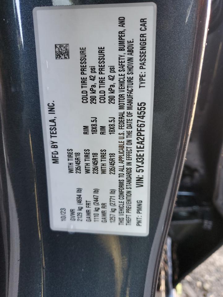 2023 TESLA MODEL 3 VIN:5YJ3E1EA2PF674555