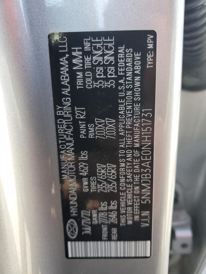 2022 HYUNDAI TUCSON SEL VIN:5NMJB3AE0NH151731