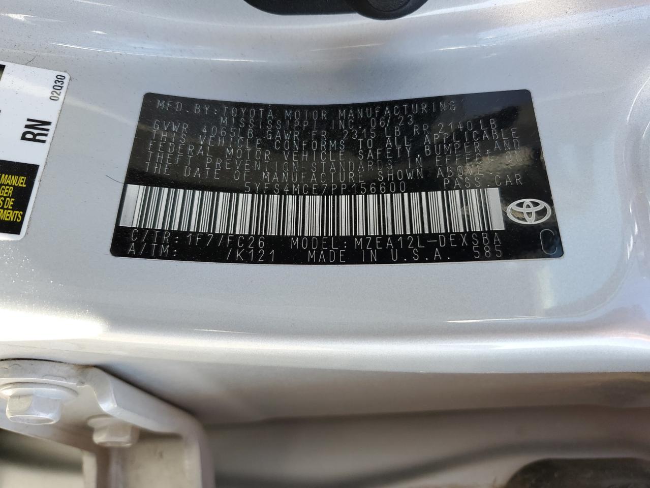 2023 TOYOTA COROLLA SE VIN:5YFS4MCE7PP156600