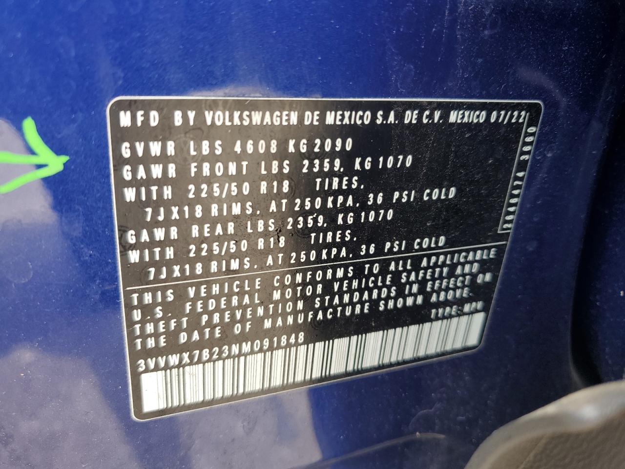 2022 VOLKSWAGEN TAOS SE VIN:WP0AA2A8XNS255297