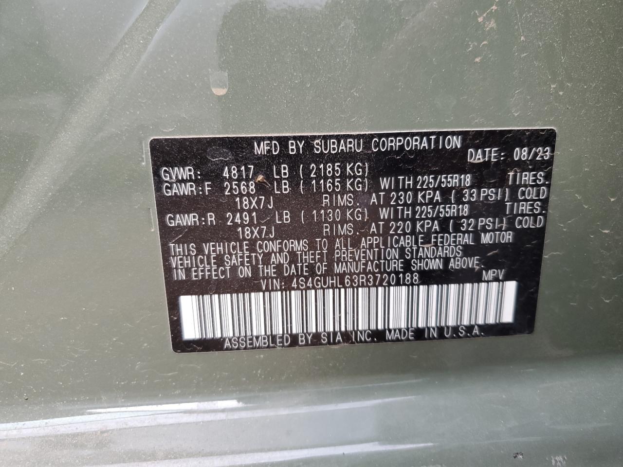 2024 SUBARU CROSSTREK LIMITED VIN:4S4GUHL63R3720188