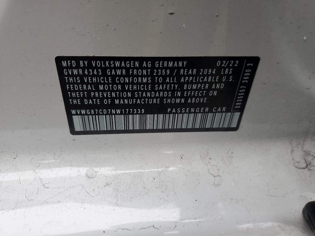 2022 VOLKSWAGEN GTI S VIN:WVWG87CD7NW177339