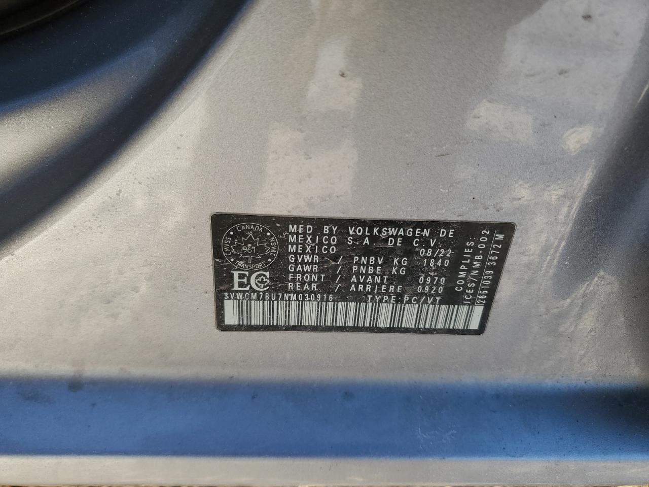 2022 VOLKSWAGEN JETTA S VIN:3VWCM7BU7NM030916