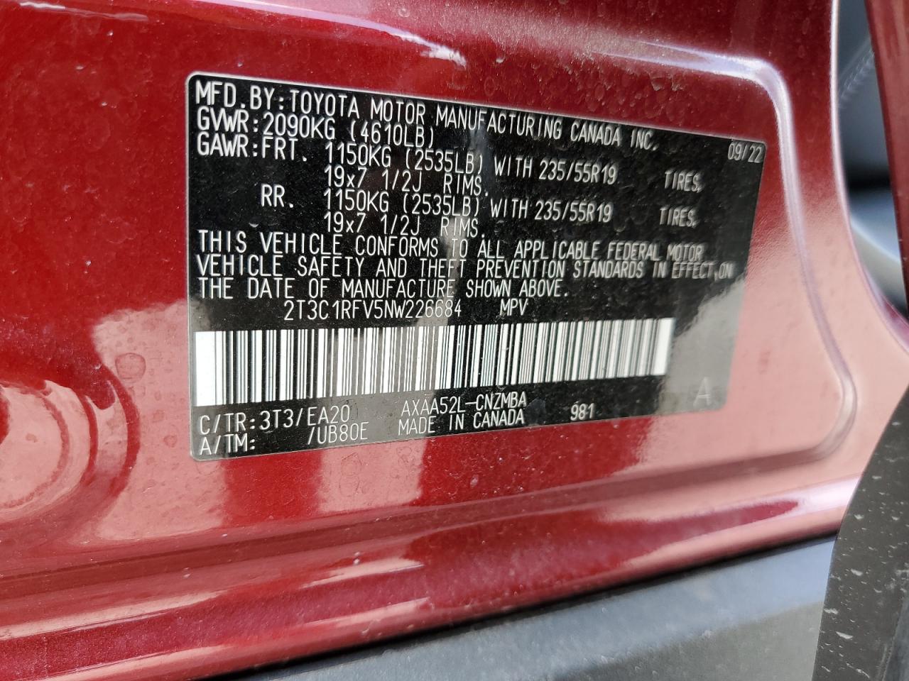 2022 TOYOTA RAV4 XLE PREMIUM VIN:2T3C1RFV5NW226684