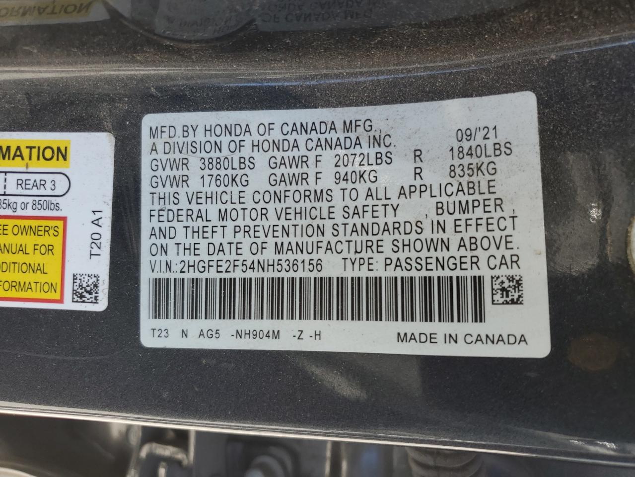 2022 HONDA CIVIC SPORT VIN:2HGFE2F54NH536156