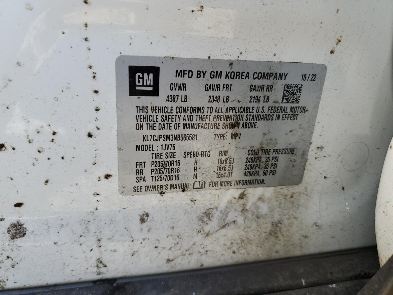 2022 CHEVROLET TRAX 1LT VIN:KL7CJPSM3NB565581