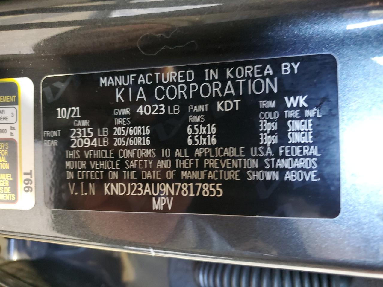 2022 KIA SOUL LX VIN:KNDJ23AU9N7817855