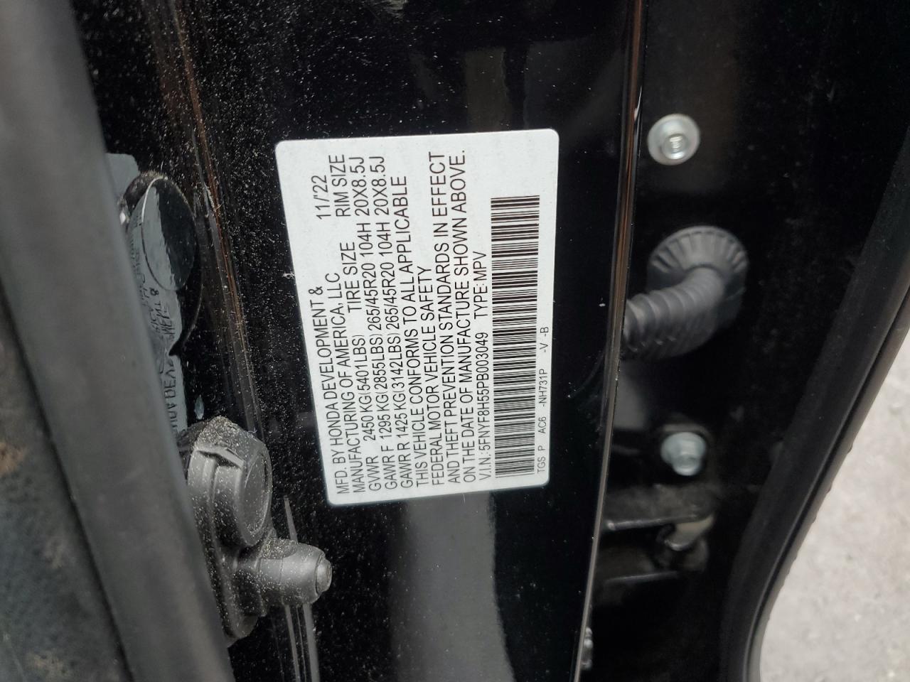 2023 HONDA PASSPORT EXL VIN:5FNYF8H55PB003049