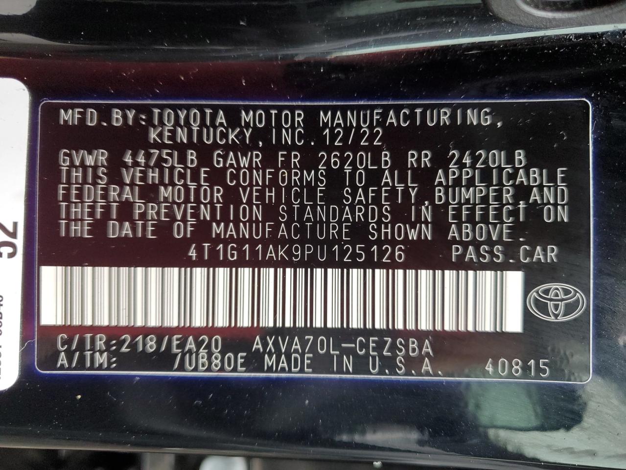 2023 TOYOTA CAMRY SE NIGHT SHADE VIN:4T1G11AK9PU125126