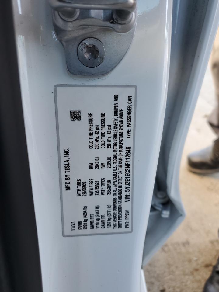 2022 TESLA MODEL 3 VIN:5YJ3E1EC3NF112646