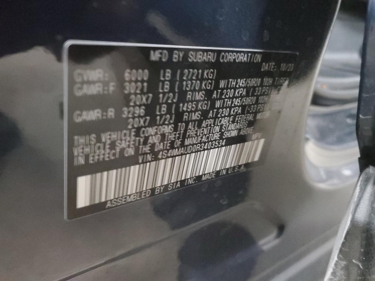 2024 SUBARU ASCENT LIMITED VIN:4S4WMAUD0R3403534