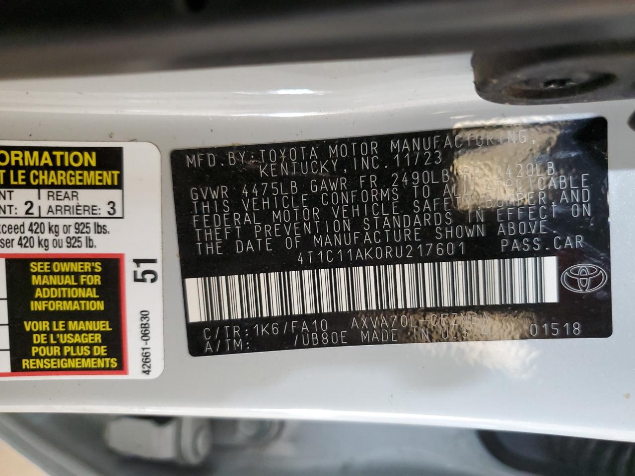 2024 TOYOTA CAMRY LE VIN:4T1C11AK0RU217601