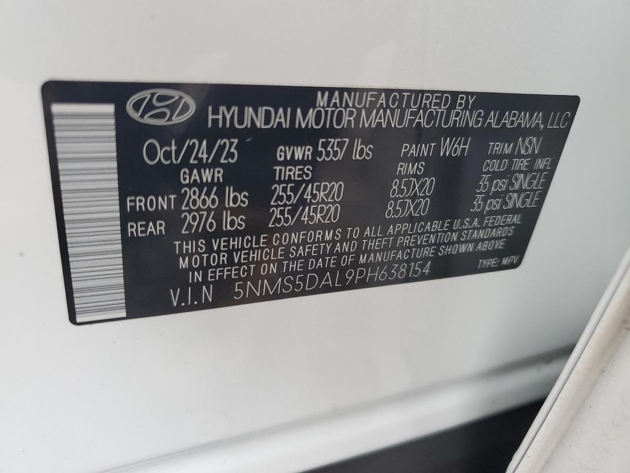 2023 HYUNDAI SANTA FE CALLIGRAPHY VIN:5NMS5DAL9PH638154