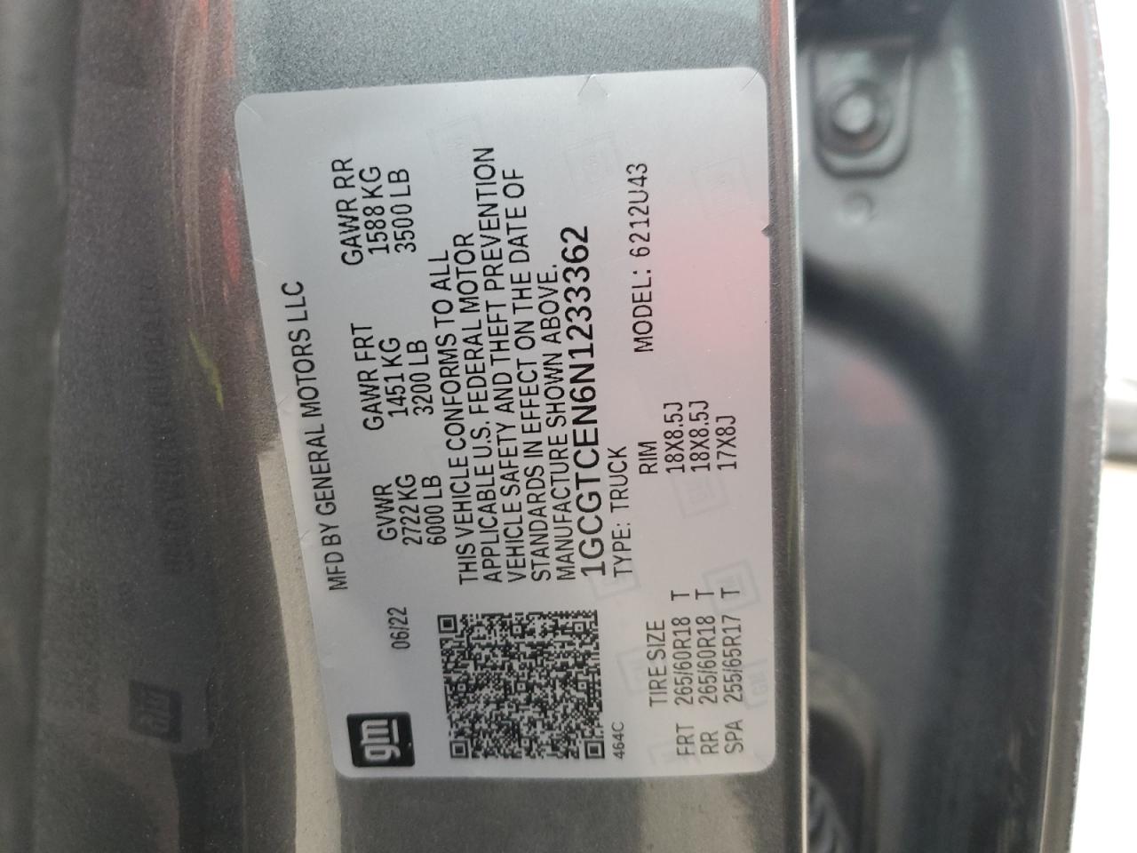 2022 CHEVROLET COLORADO LT VIN:1GCGTCEN6N1233362