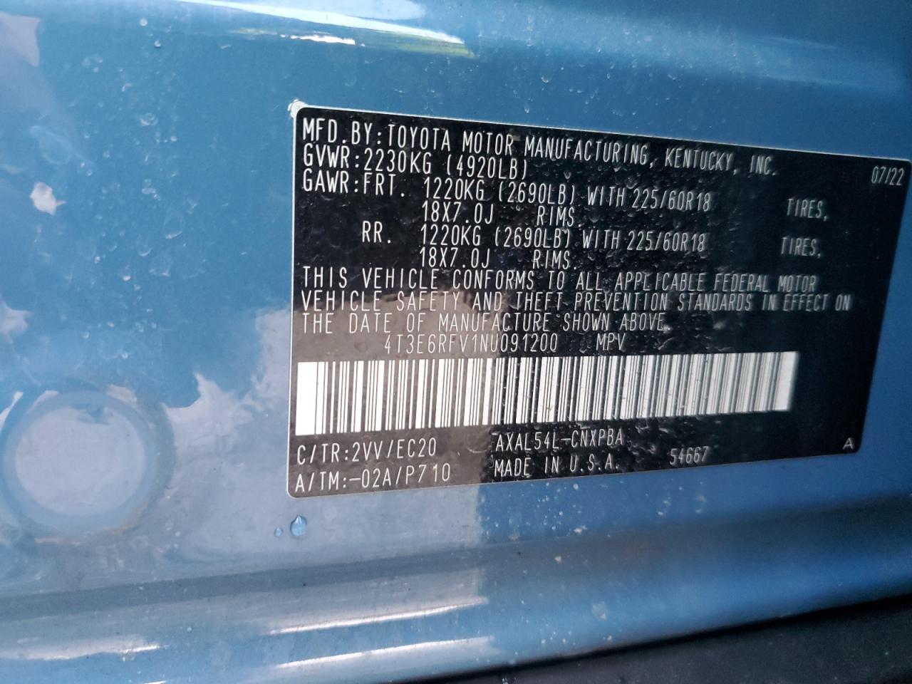 2022 TOYOTA RAV4 XSE VIN:4T3E6RFV1NU091200