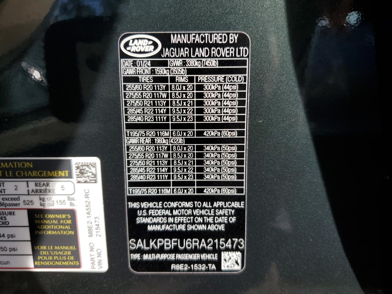 2024 LAND ROVER RANGE ROVER SE VIN:SALKPBFU6RA215473