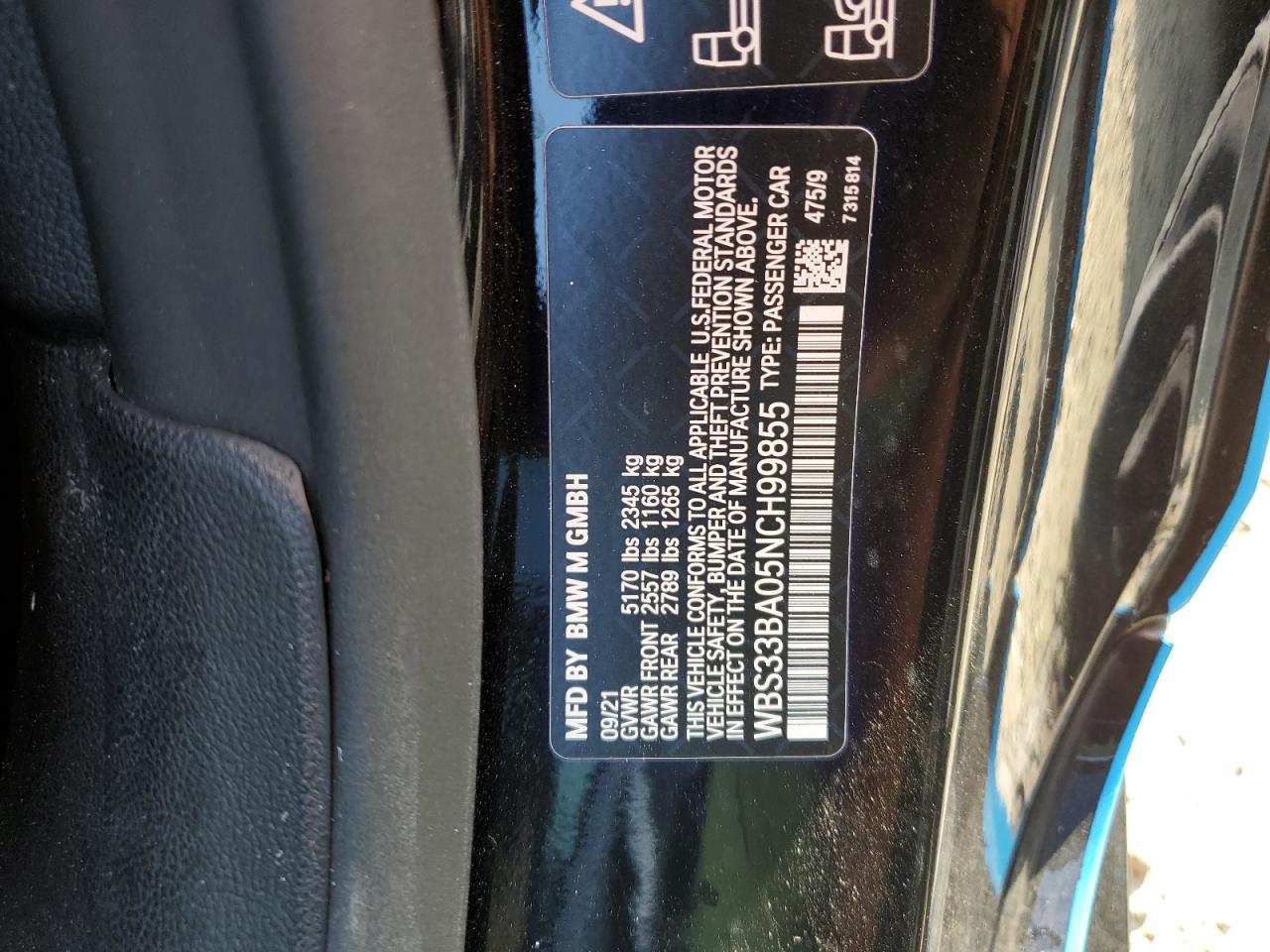 2022 BMW M4 COMPETITION VIN:WBS33BA05NCH99855