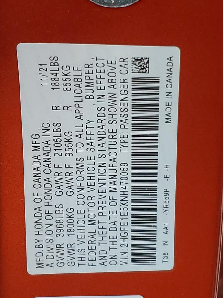 2022 HONDA CIVIC SI VIN:2HGFE1E5XNH470059