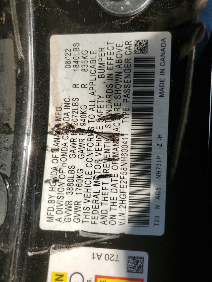 2022 HONDA CIVIC SPORT VIN:2HGFE2F58NH600411