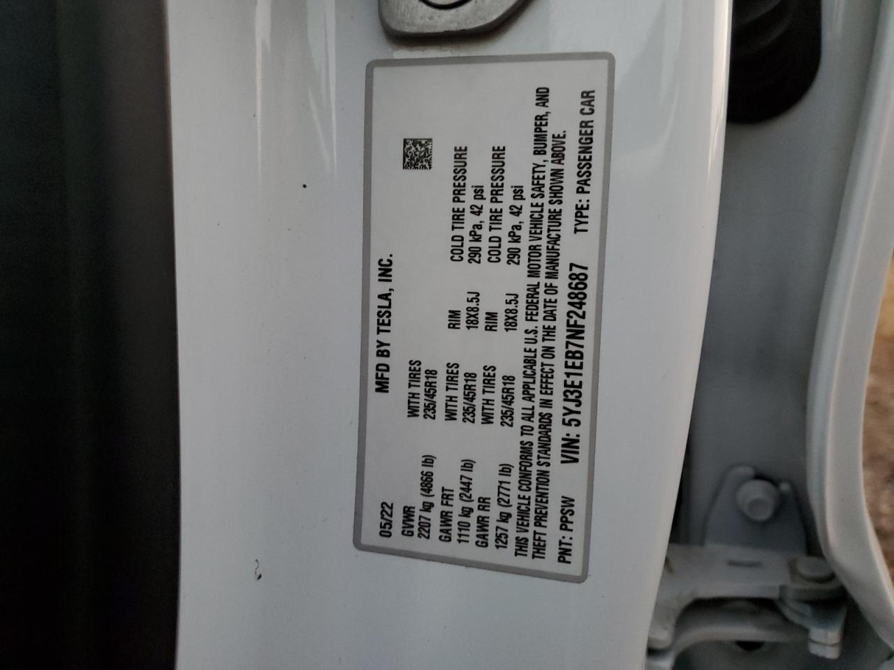2022 TESLA MODEL 3 VIN:5YJ3E1EB7NF248687