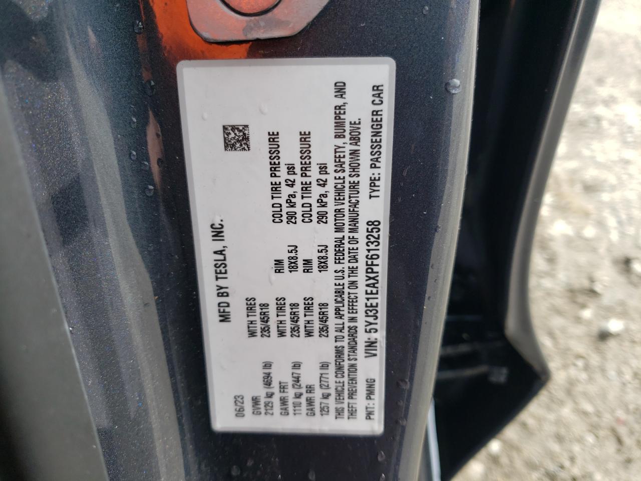 2023 TESLA MODEL 3 VIN:5YJ3E1EAXPF613258