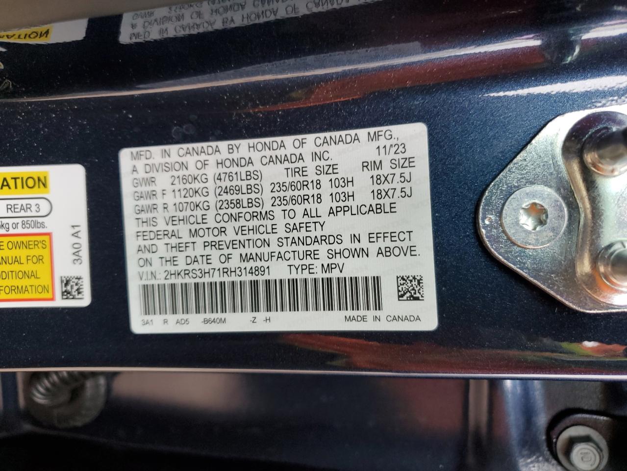 2024 HONDA CR-V EXL VIN:2HKRS3H71RH314891