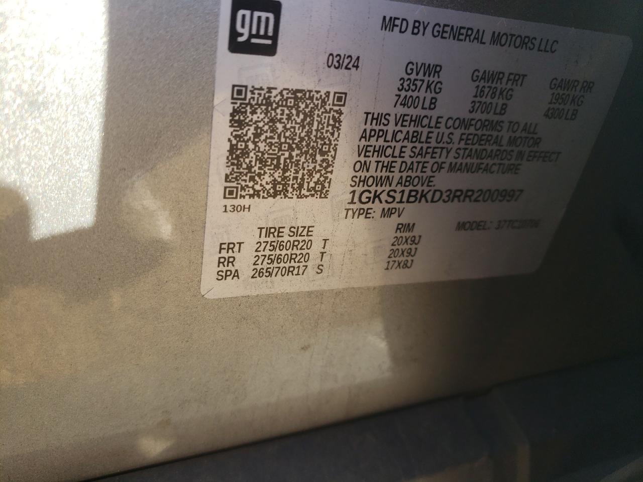 2024 GMC YUKON SLT VIN:1GKS1BKD3RR200997