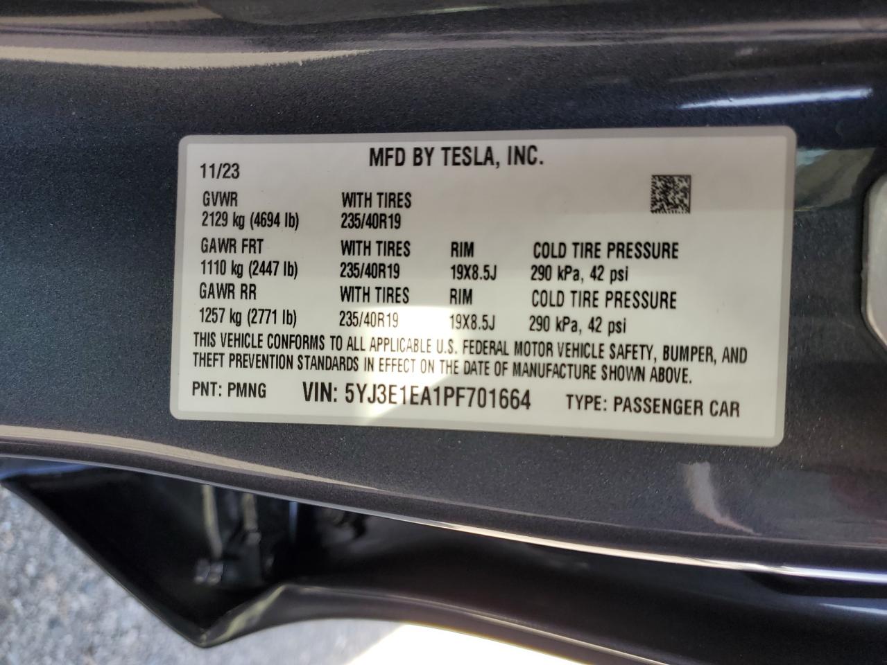 2023 TESLA MODEL 3 VIN:5YJ3E1EA1PF701664