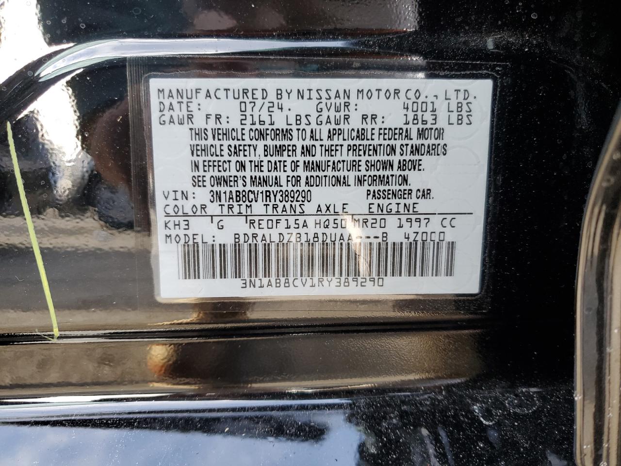 2024 NISSAN SENTRA SV VIN:3N1AB8CV1RY389290