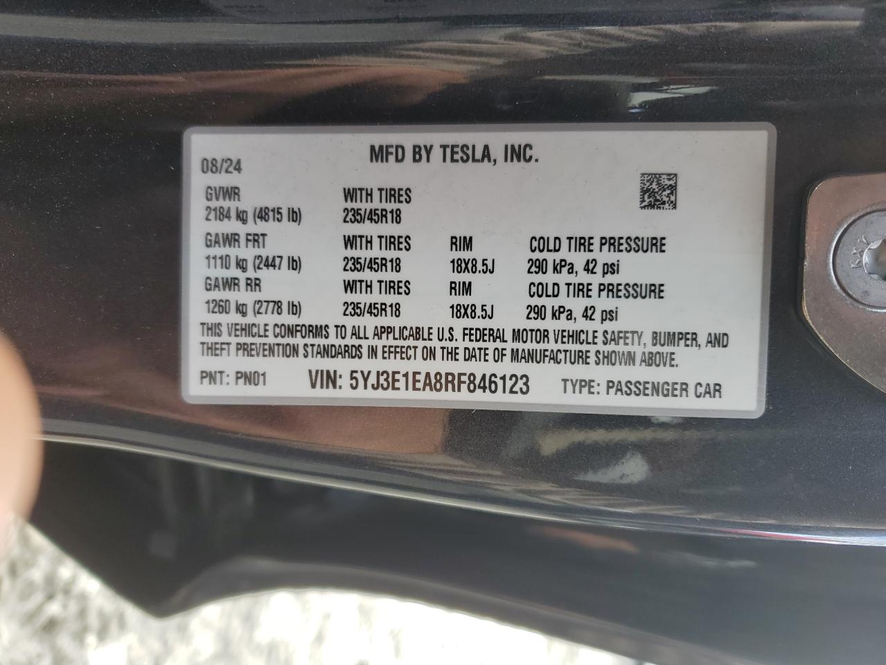 2024 TESLA MODEL 3 VIN:5YJ3E1EA8RF846123