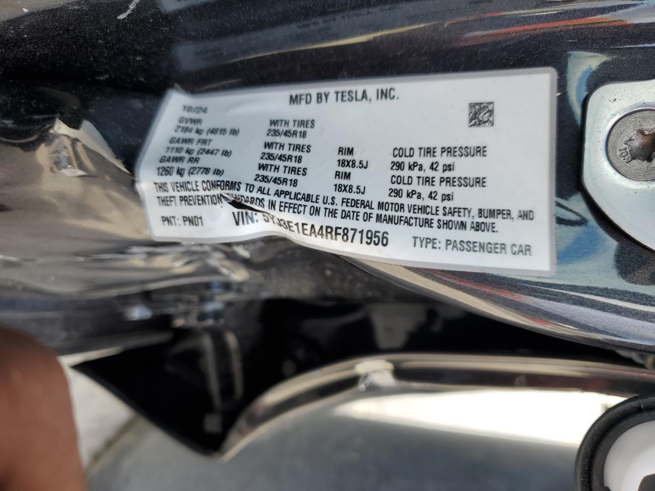 2024 TESLA MODEL 3 VIN:5YJ3E1EA4RF871956